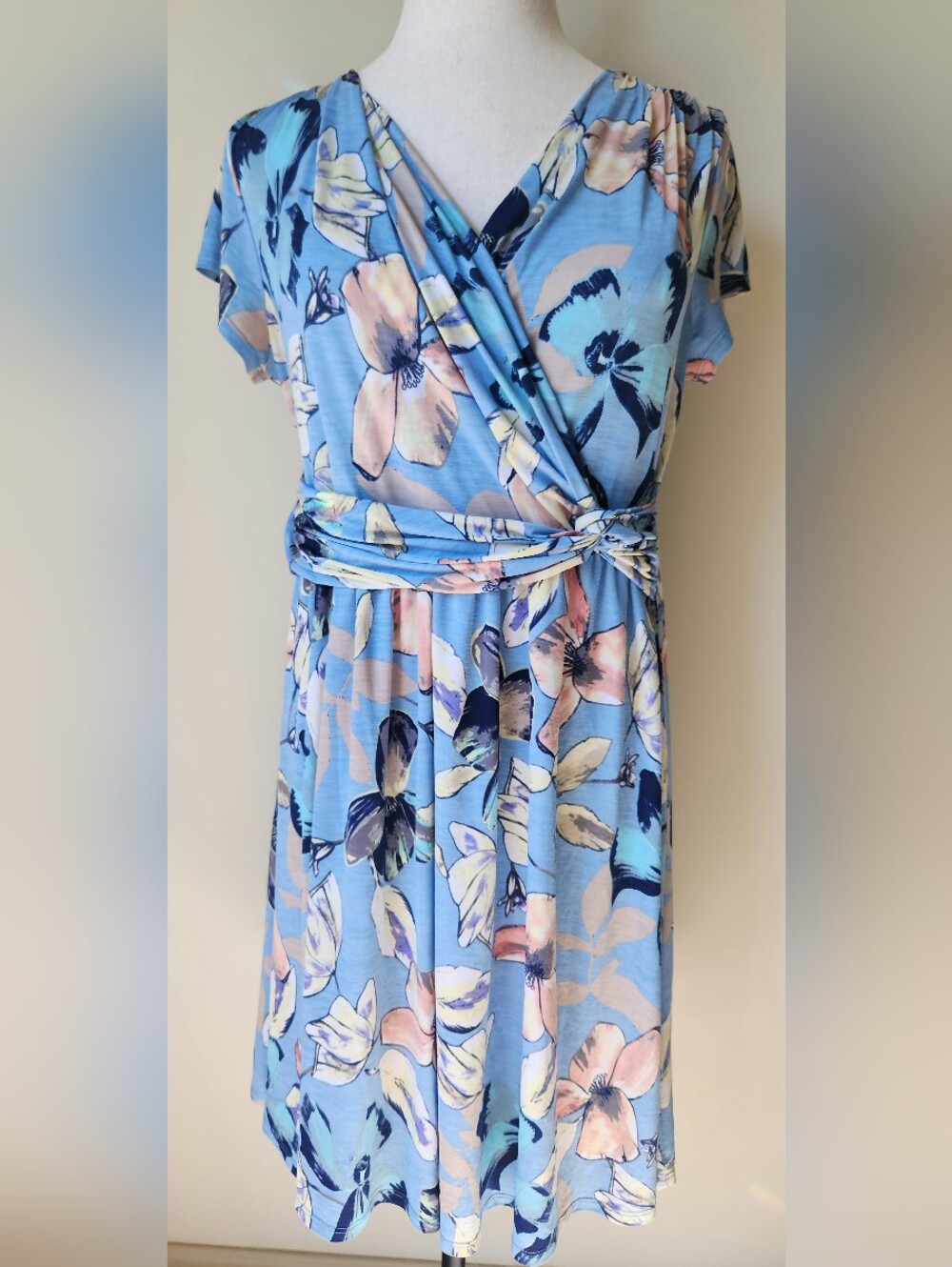 ModCloth Jessy B 2X Blue Floral Faux Wrap Fit Flare Surplice Knit Midi Dress